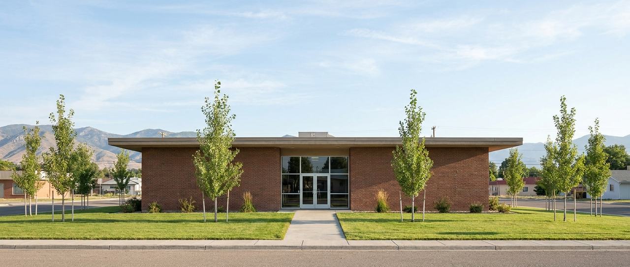 A low single-story brick commercial building on a wide prairie lot under a big sky