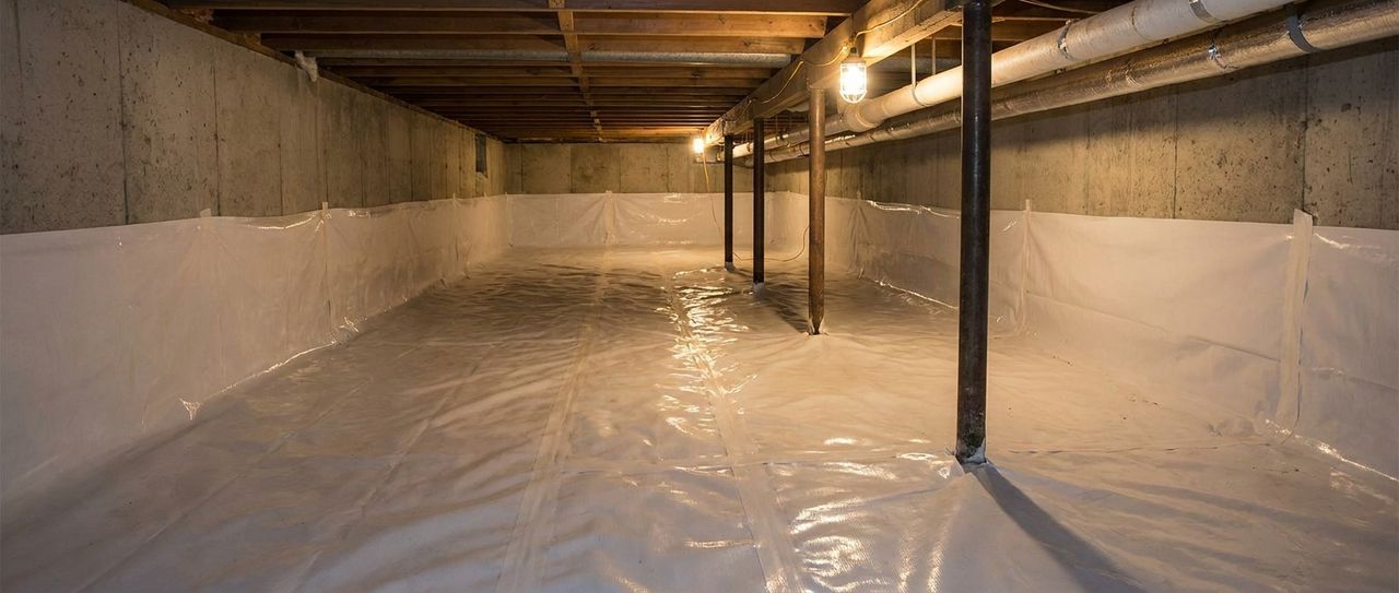 A crawl space with heavy white plastic membrane sealed across the dirt floor and up the foundation walls