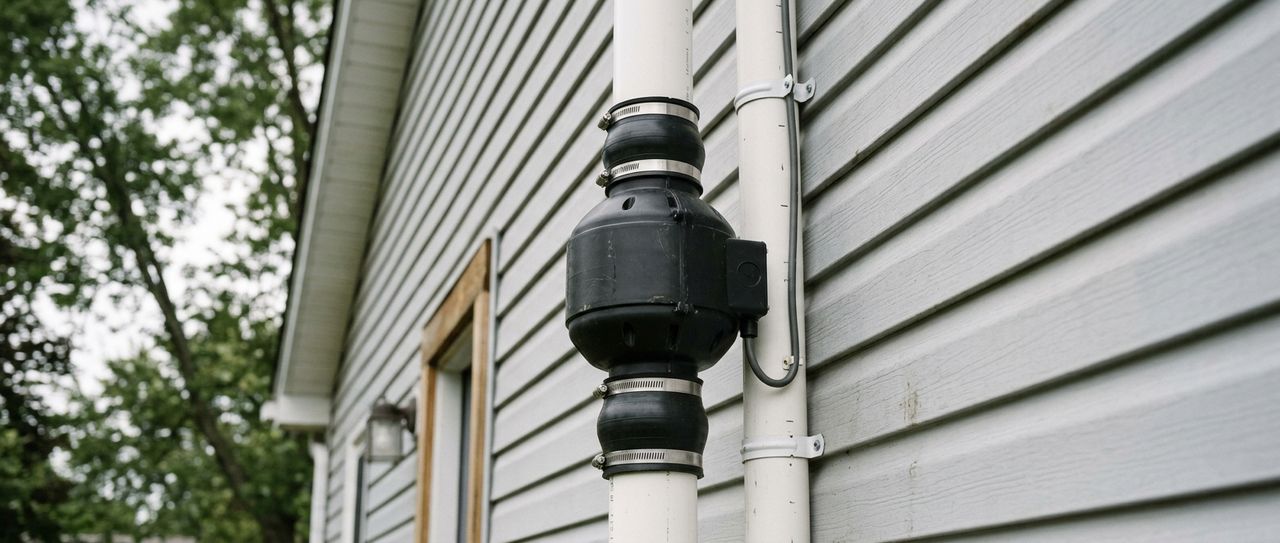 An inline radon fan mounted on a white PVC vent pipe against home siding