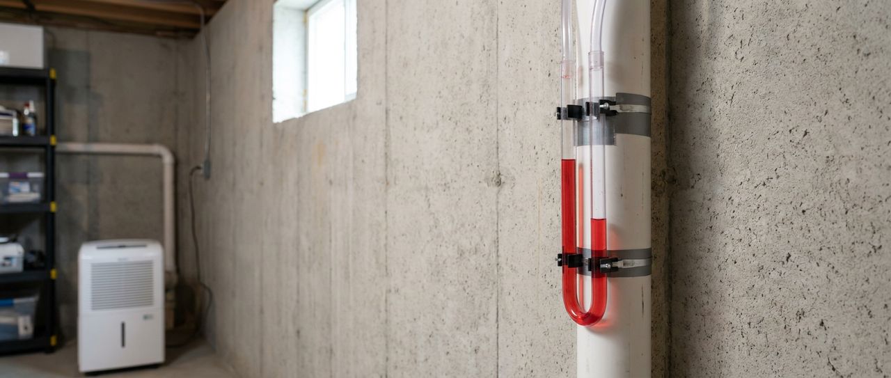 A U-tube manometer mounted on a white radon vent pipe showing a pressure reading