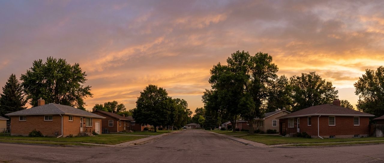 A quiet residential street of single-family homes with mature trees in a Montana city