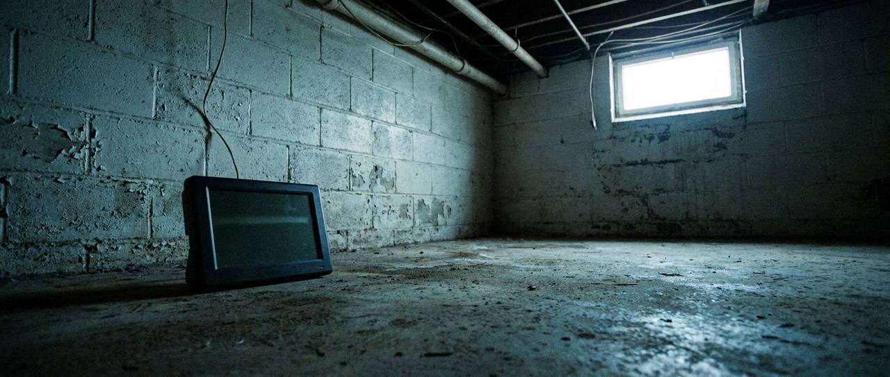 A radon test device sitting on a concrete basement floor near a foundation wall